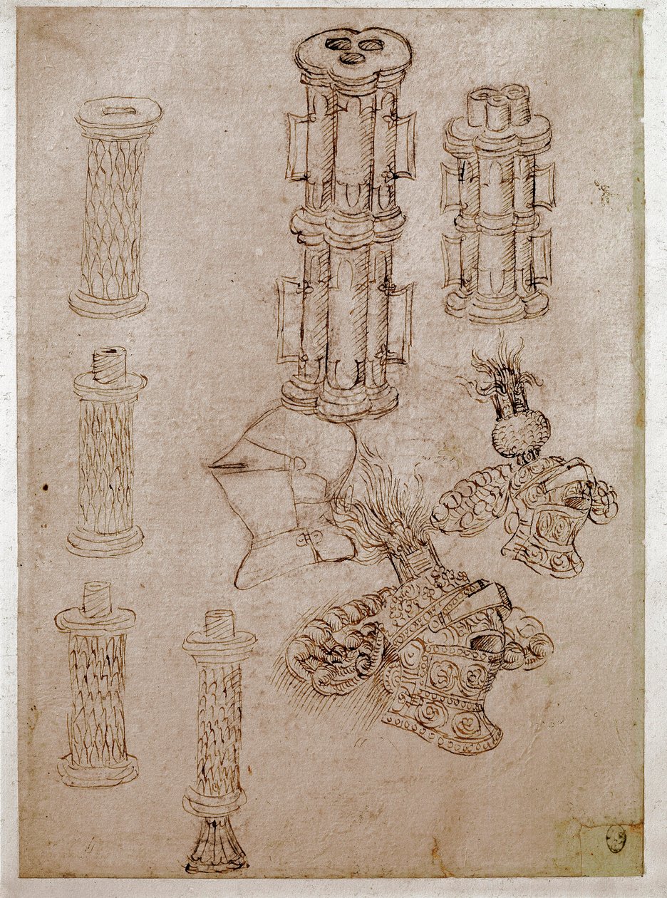 Tre hjelme toppet med cests og to stykker kanoner demoleret. Tegning af Antonio di Puccio Pisano dit Pisanello (1395-1455) Brun blæk, sort sten, fjer. Mål: 28,7 x 20,6 cm. Louvre, tegnefirma af Antonio Pisanello