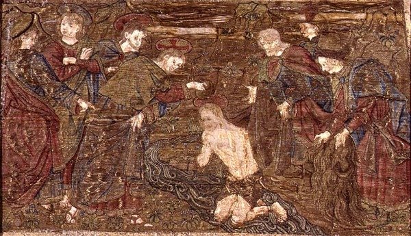 Kristus døber Johannes Døberen, gobelin med scener fra helgenens liv (tekstil) af Antonio Pollaiuolo
