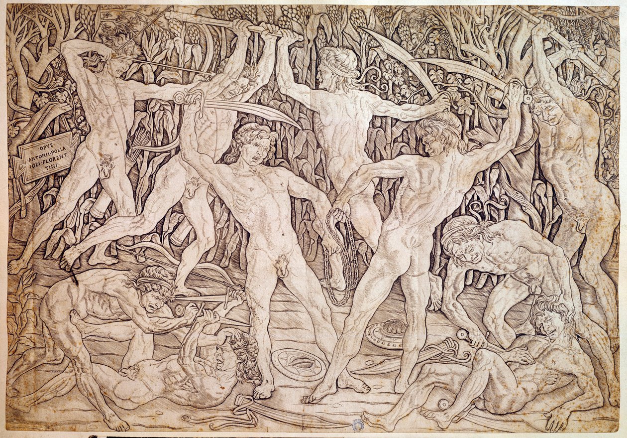Nøgne mænd kæmper. Graveret af Antonio Pollaiuolo (Pollaiolo) (1432-1498) af Antonio Pollaiuolo