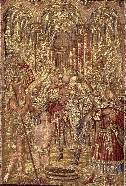 Johannes Døberen forkynder Kristi mission til farisæerne, gobelin, der skildrer scener fra helgenens liv (tekstil) af Antonio Pollaiuolo