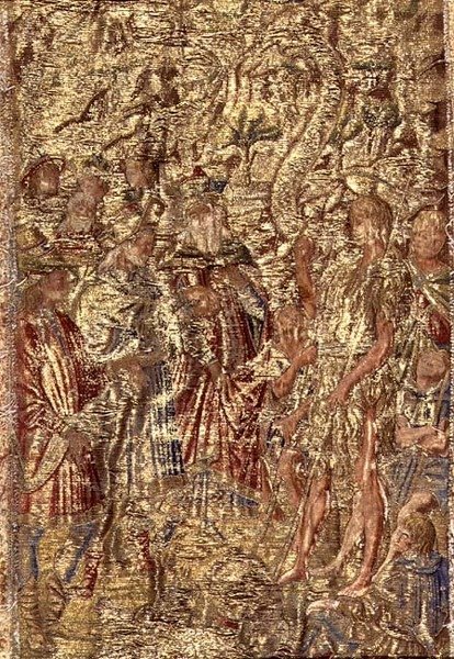 Johannes Døberen foran ypperstepræsterne og levitterne, billedtæppe, der skildrer scener fra helgenens liv (tekstil) af Antonio Pollaiuolo