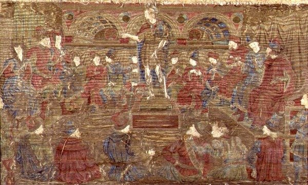 Johannes Døberen irettesætter Herodes, billedtæppe, der skildrer scener fra helgenens liv (tekstil) af Antonio Pollaiuolo