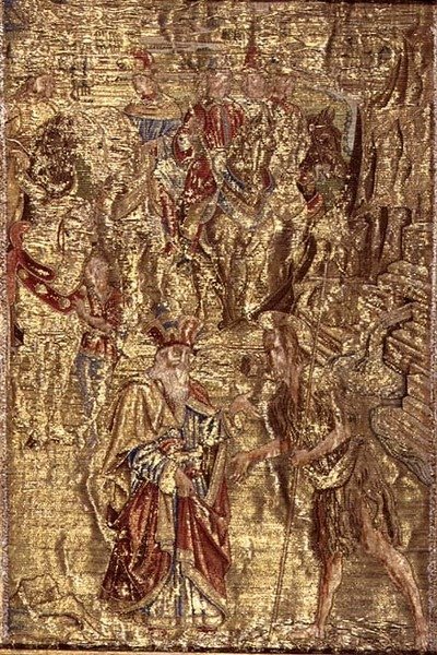 Mødet mellem Johannes Døberen og Ypperstepræsten, billedtæppe, der skildrer scener fra helgenens liv (tekstil) af Antonio Pollaiuolo