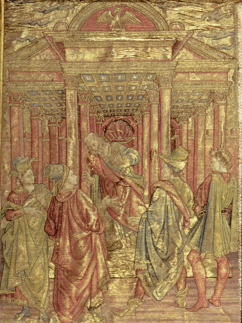 Zacharias forlader templet, gobelin, der skildrer scener fra Johannes Døberens liv (tekstil) af Antonio Pollaiuolo