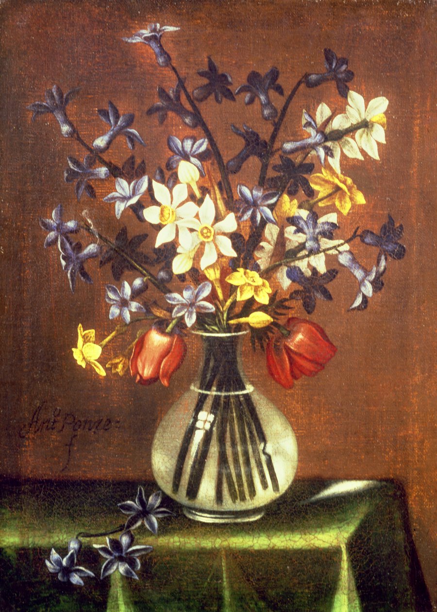 Blomsterstilleben med hyacinter, tulipaner og fasanøje (olie) af Antonio Ponce