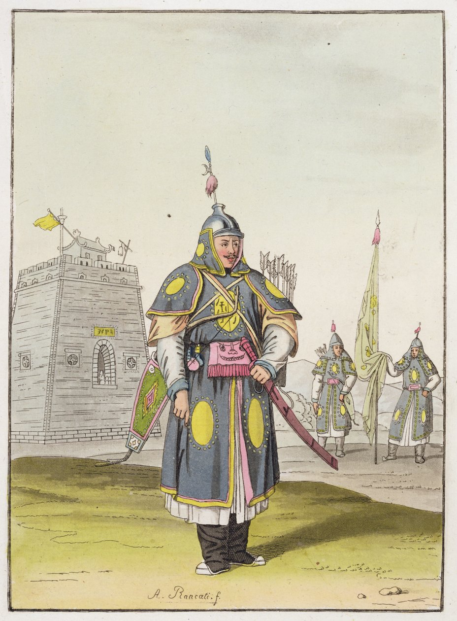 Kinesisk soldat i fuld kampdragt, illustration fra 