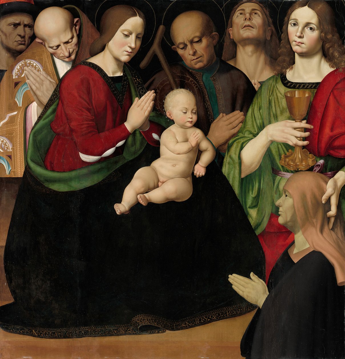 Den hellige familie med fire hellige og en kvindelig donor, ca. 1510. af Antonio Rimpacta