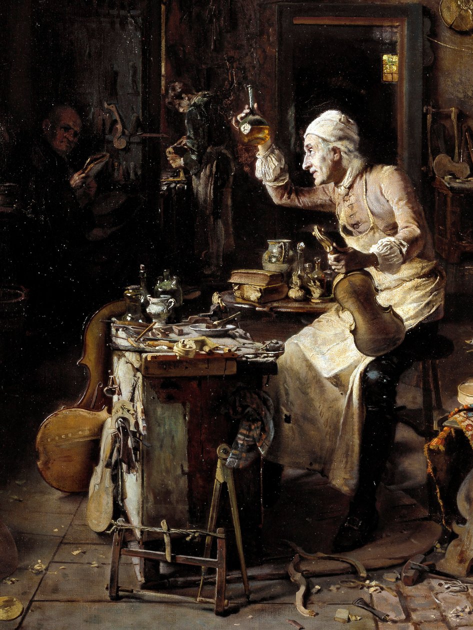 Detalje af: "" Den italienske luthier Stradivarius (1644-1737) i hans værksted"" Maleri af Antonio Rinaldi (1800-tallet) 1886 Cremone, Museo Civico af Antonio Rinaldi