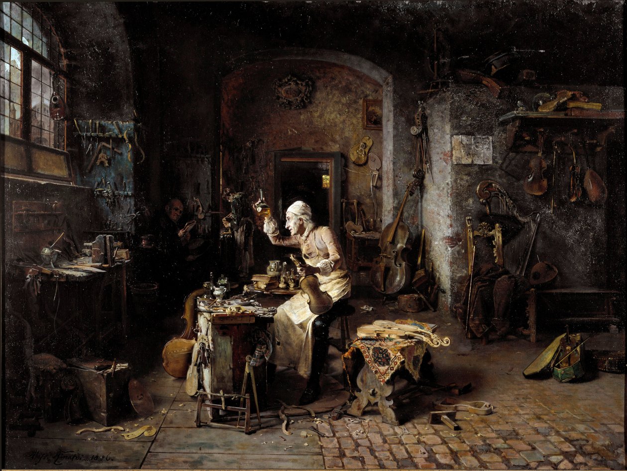 Den italienske luthier Antonio Stradivari (Stradivarius) (1644-1737) i sit værksted af Antonio Rinaldi