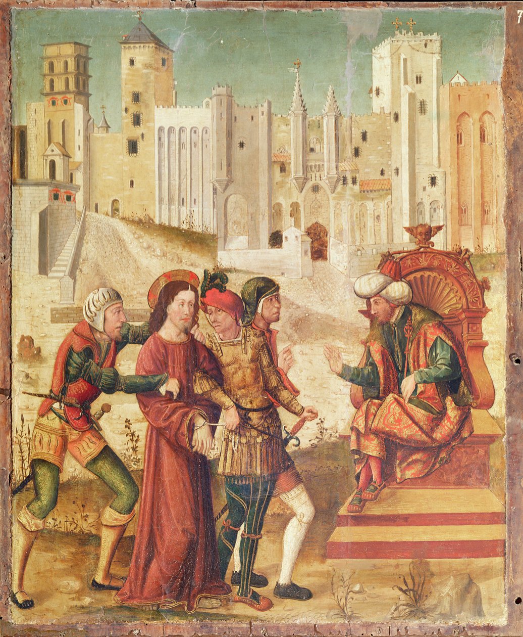 Kristus før Herodes, venstre panel fra Retable of the Passion, 1517-20 (tempera på panel) af Antonio Ronzen