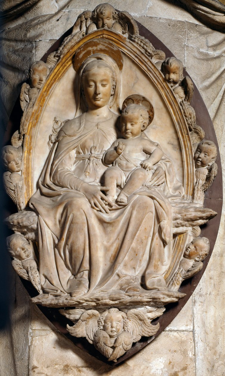 Jomfru og barn i mandorla. Lavrelief skulptur af Antonio Rossellino