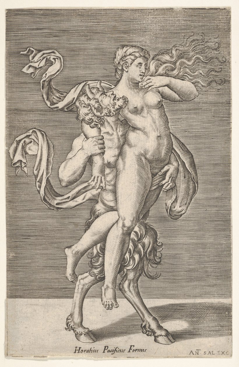 Satyr, der bærer en nymfe, hvis højre arm er viklet om satyrens hals, med en ..., ca. 1505-62. af Antonio Salamanca
