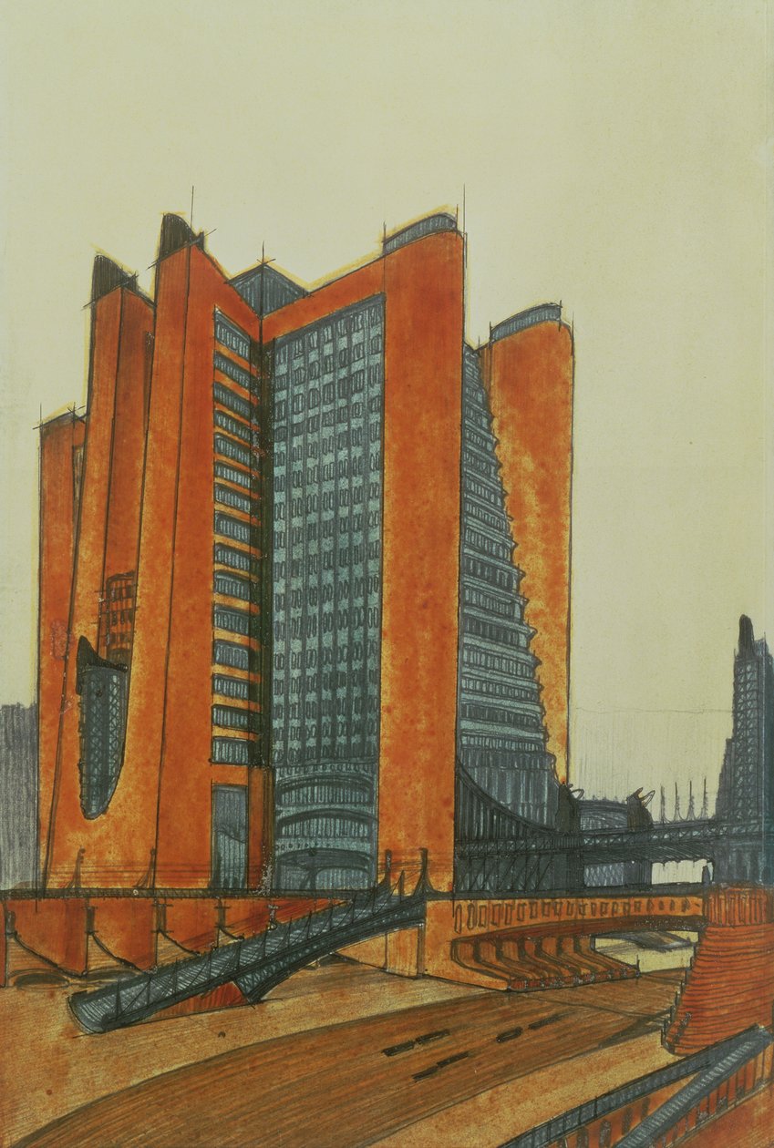 La Citta Nuova, 1913 (blæk, blyant og wc på papir) af Antonio SantElia