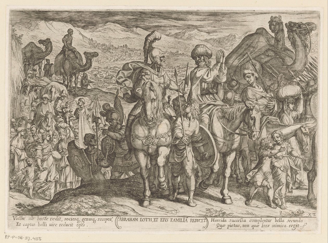 Abraham tager Lot og hans familie til sit eget land Abraham Loth, et familia reducit (titel på objekt) Gamle Testamentes kampscener (serietitel) af Antonio Tempesta