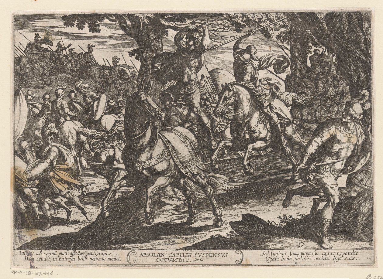 Absalom dør Joab gedood Absolan falder ned med håret hængende (titel på objekt) Oudtestamentische strijdscènes (serietitel) af Antonio Tempesta