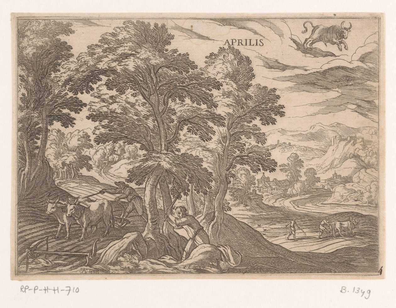 april: pløjning og såning (tyr) Aprilis (titel på objekt) De tolv måneder (del 2) (serietitel) af Antonio Tempesta