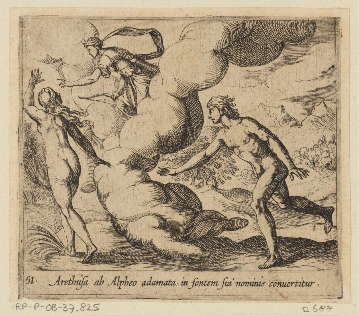 Arethusa bliver efterfølget af Alpheus Arethusa, forelsket i Alpheus, bliver forvandlet til kilden til hendes navn (titel på objektet) Metamorfoseon eller transformationer (serietitel) Metamorfosen van Ovidius (serietitel) af Antonio Tempesta