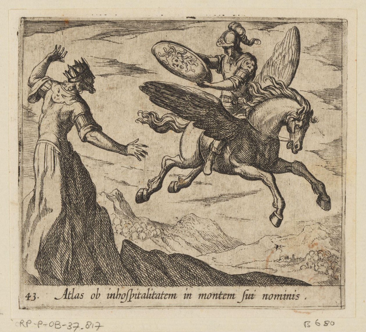 Atlas blev til et bjerg Atlas på grund af ugæstfrihed på hans navns bjerg (titel på objekt) Metamorfoseon eller transformationer (serietitel) Metamorfosen van Ovidius (serietitel) af Antonio Tempesta