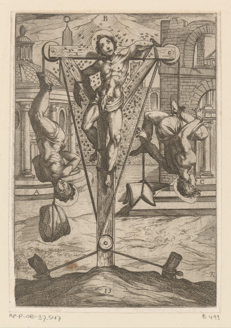 Insekteksponering og ophæng Tortur udsat af kristne martyrer (serietitel) Varia tormentorum et supplicioru crudelium (...) (serietitel) af Antonio Tempesta