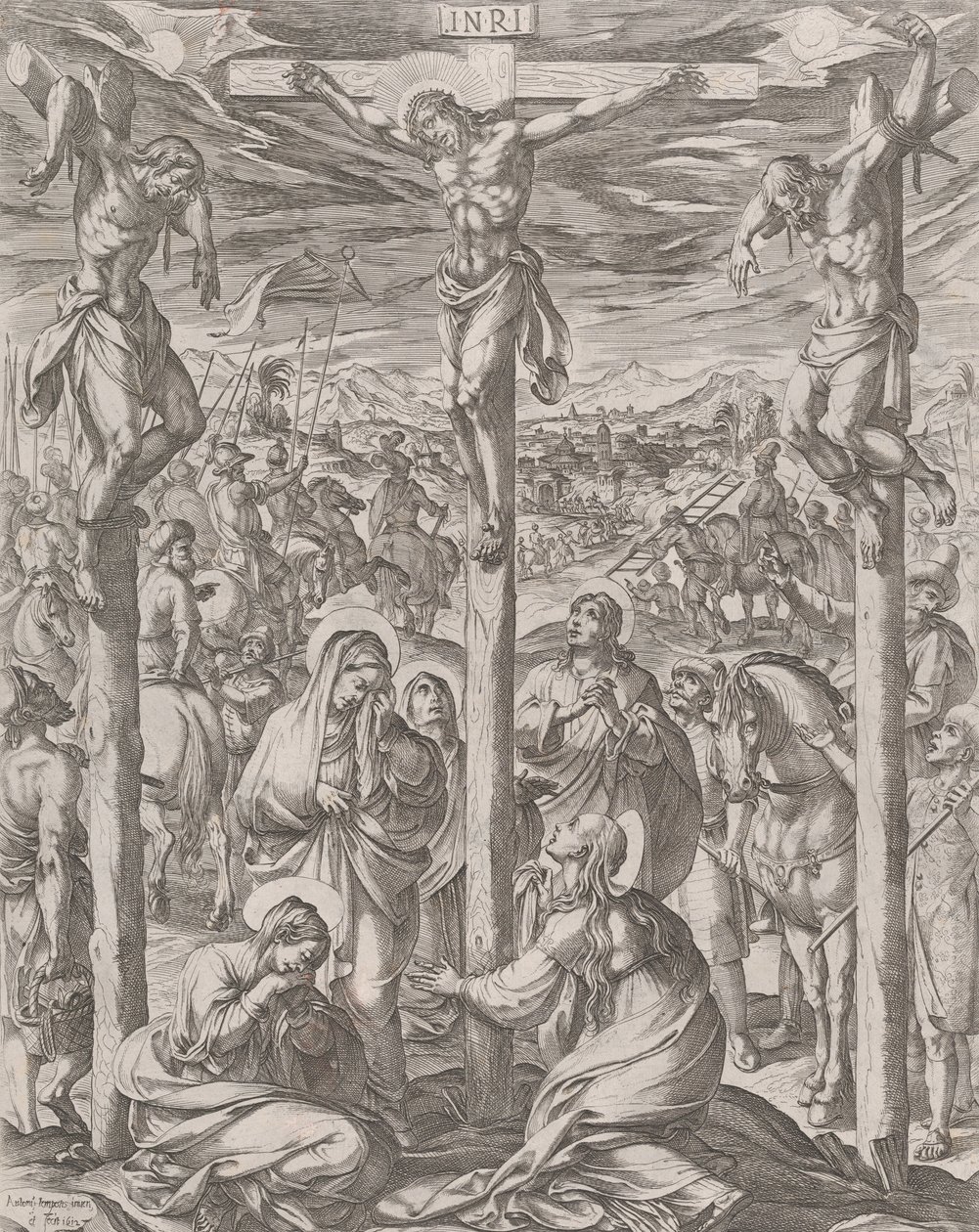 Kristus korsfæstet mellem de to tyve, de tre Mariaer ved foden af korset, 1612. af Antonio Tempesta