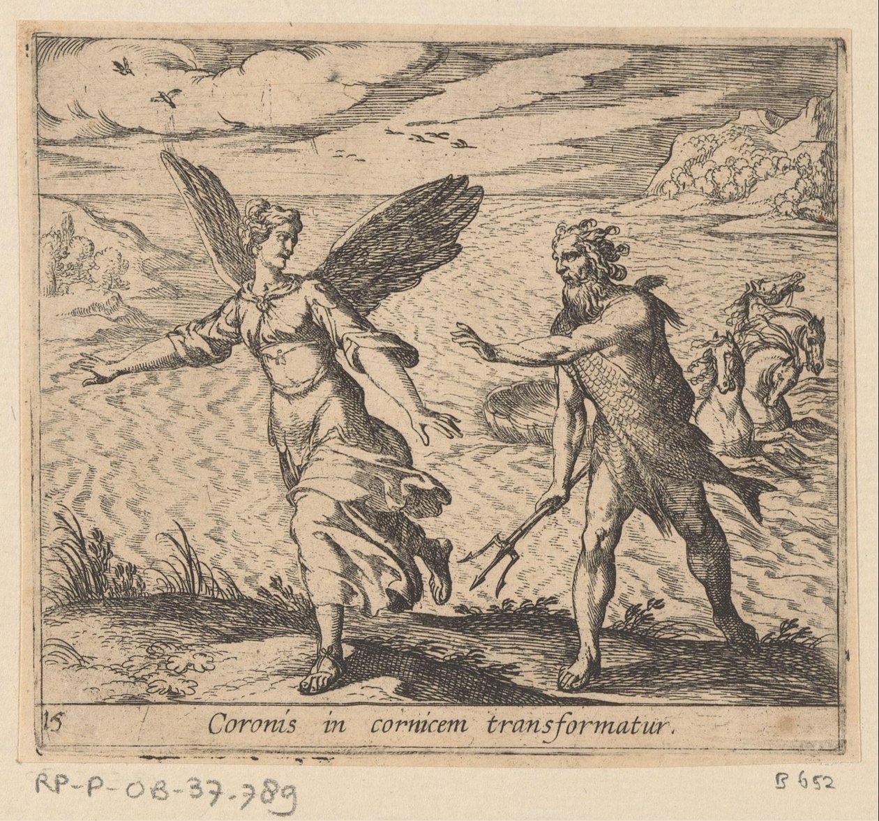 Kronen blev ændret til een kraai En krone omdannes til en gesims (titel på objekt) Metamorfoseon eller transformationer (serietitel) Metamorfosen van Ovidius (serietitel) af Antonio Tempesta