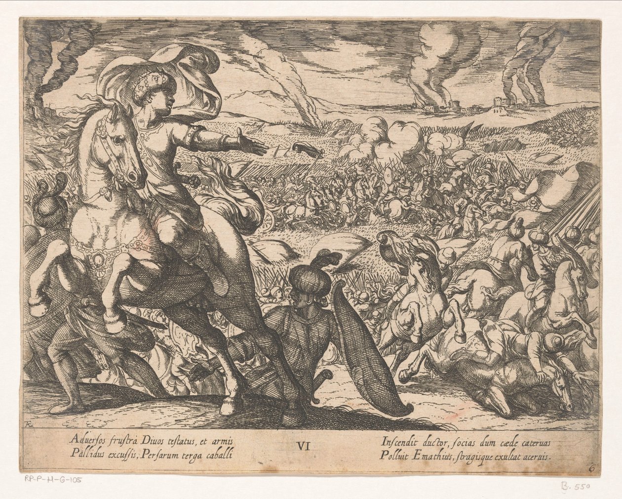 Darius flygter fra slagmarken Alexander den Stores gerninger (serietitel) Alexandri magni praecipvae res gestae (serietitel) af Antonio Tempesta