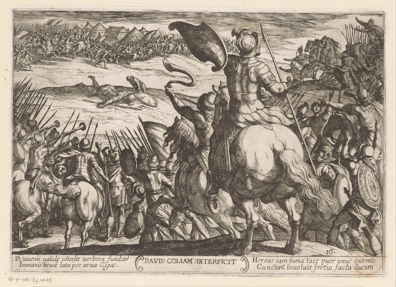 David dræber Goliat David Goliam Interficit (titel på objekt) Det Gamle Testamentes kampscener (serietitel) af Antonio Tempesta