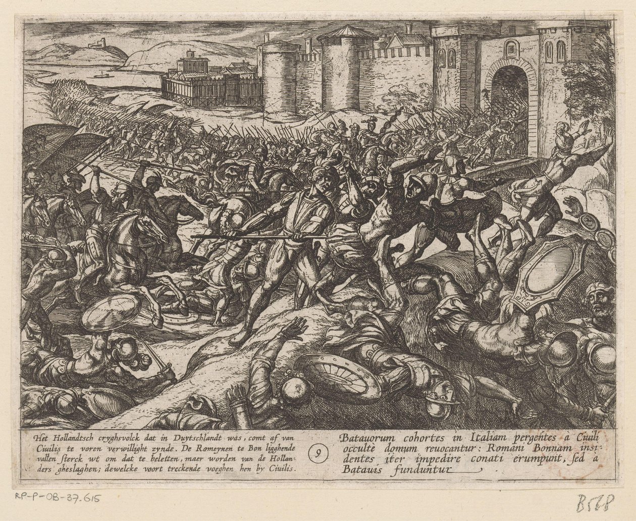 Romerne bliver besejret af de hollandske tropper ved Bonn De bataviske krige mod romerne (serietitel) Batavorum cum Romanis Bellum (serietitel) af Antonio Tempesta