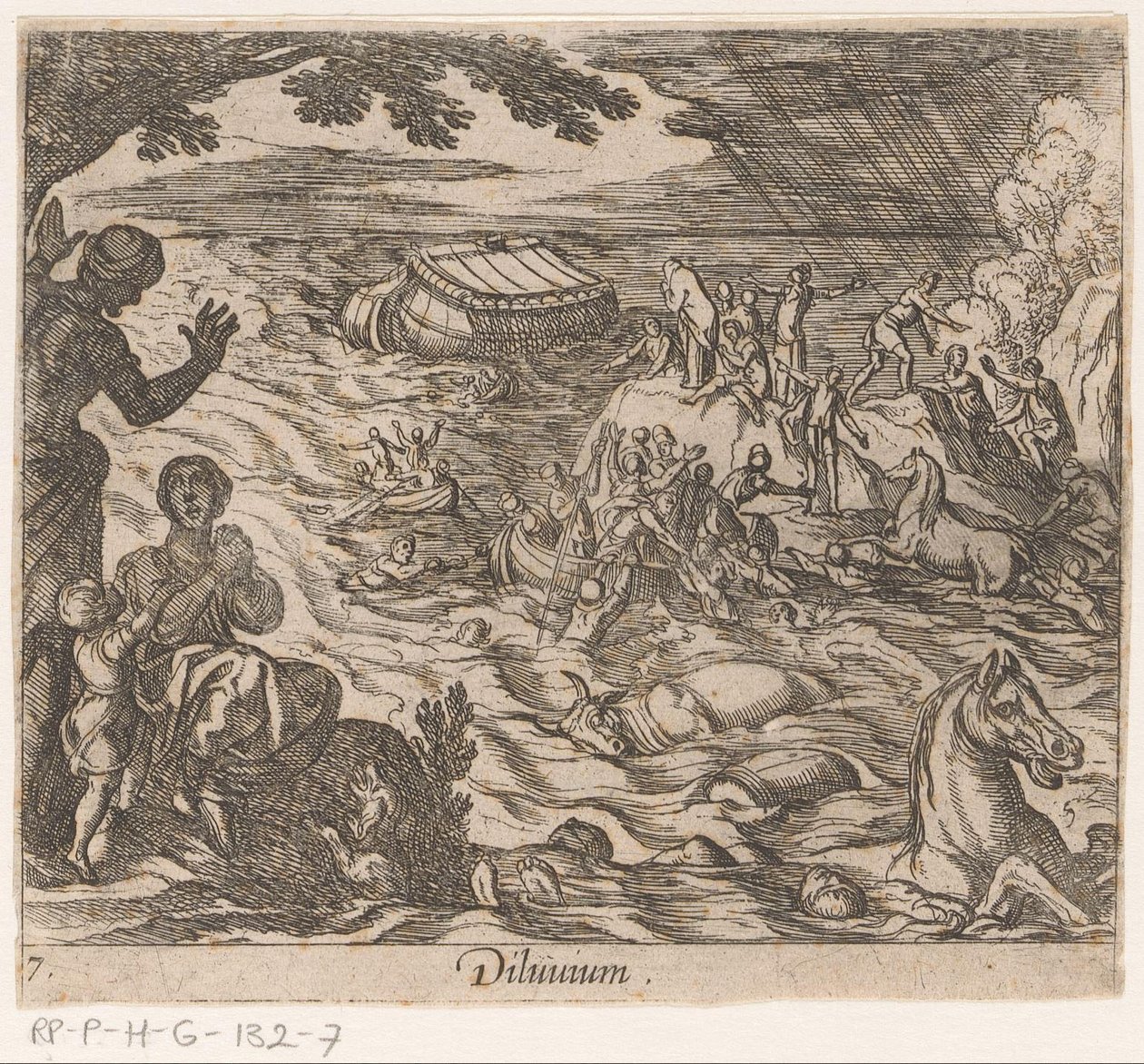 De Zondvloed Deluvium (titel på objekt) Metamorphoseon sive transformationum (serietitel) Metamorfosen van Ovidius (serietitel) af Antonio Tempesta
