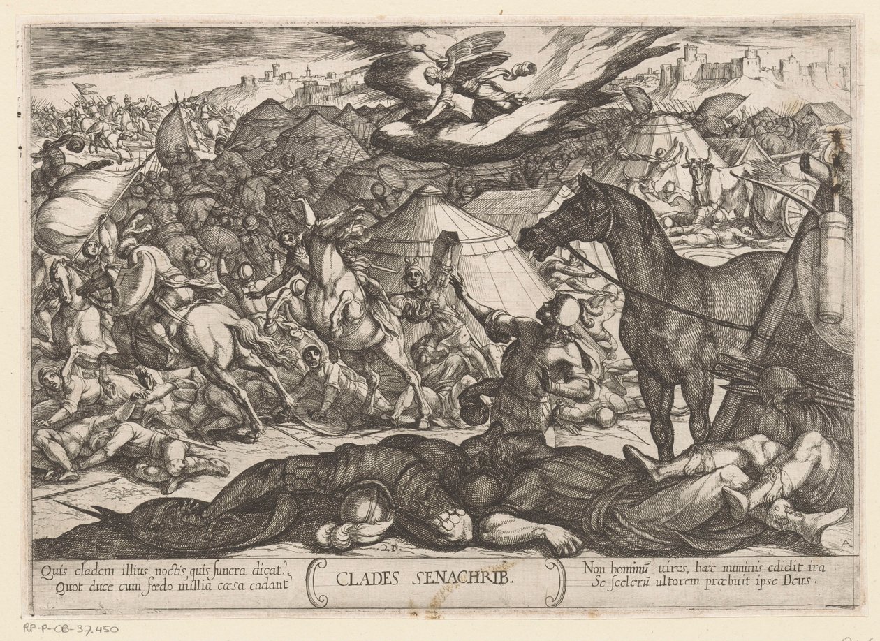 Dødens engel besejrer Sankeribs hær Clades Senachrib (titel på objekt) Det Gamle Testamentes kampscener (serietitel) af Antonio Tempesta