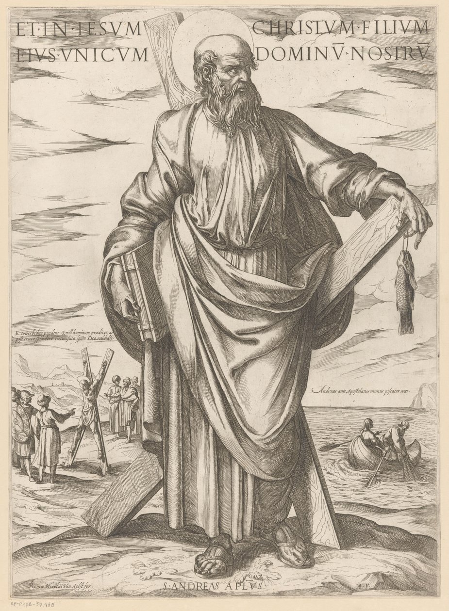 Af St. Andrew Og i Jesus Kristus, hans eneste søn, vor Herre (titel på objekt) Kristus, Maria og apostlen (serietitel) af Antonio Tempesta