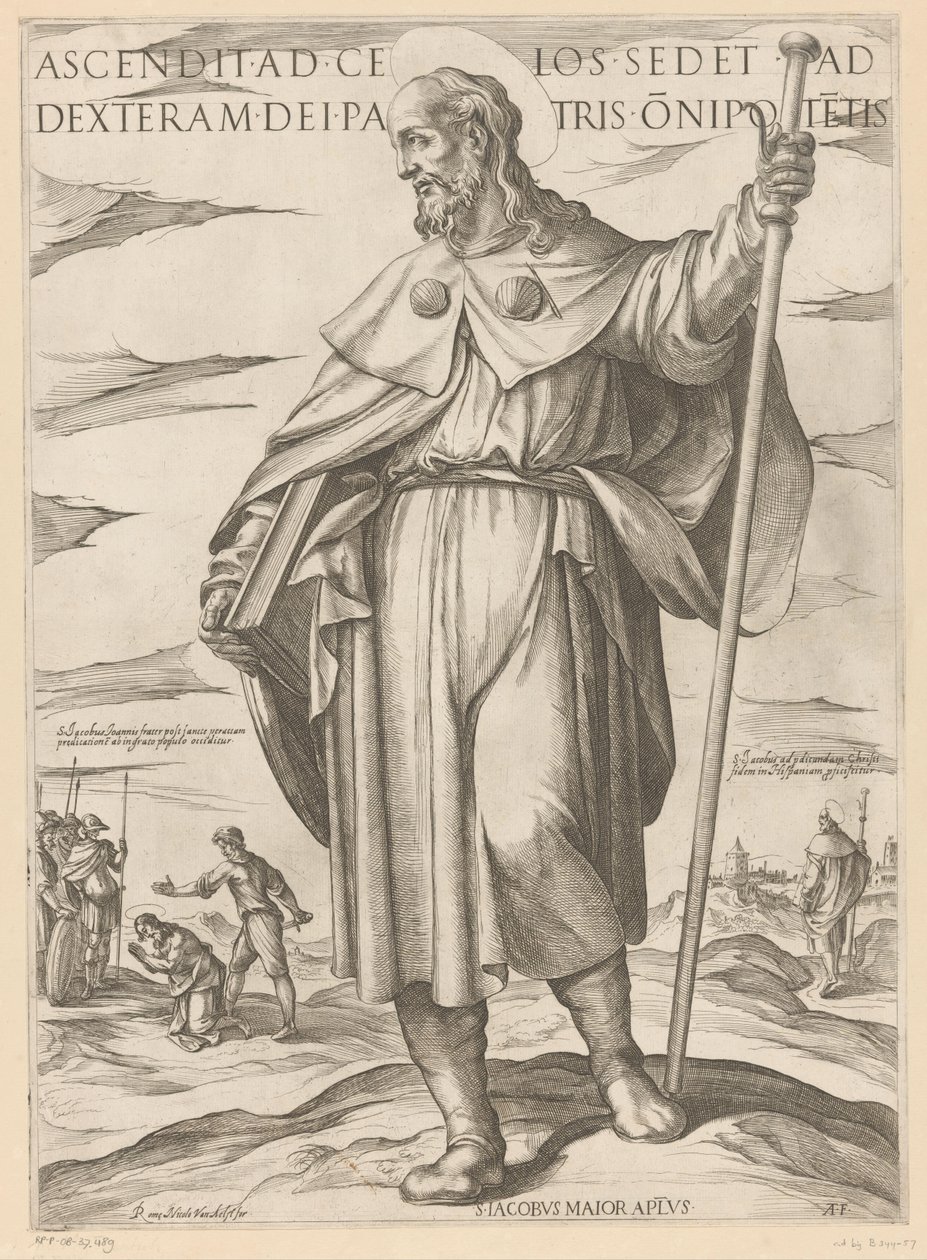 De heilige Jakobus de Meerdere Han, der steg op til himlen, sidder ved Gud den Almægtige Faders højre hånd (titel på objektet) Kristus, Maria og apostlen (serietitel) af Antonio Tempesta