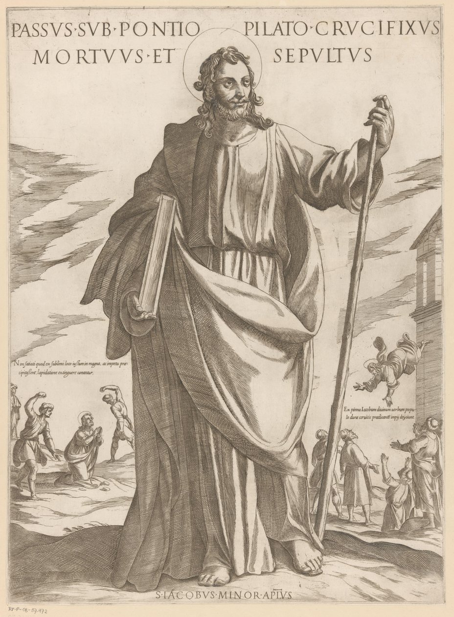 De heilige Jakobus de Mindere Lider under Pontius Pilatus, korsfæstet, død og begravet (titel på objektet) Kristus, Maria og apostlen (serietitel) af Antonio Tempesta