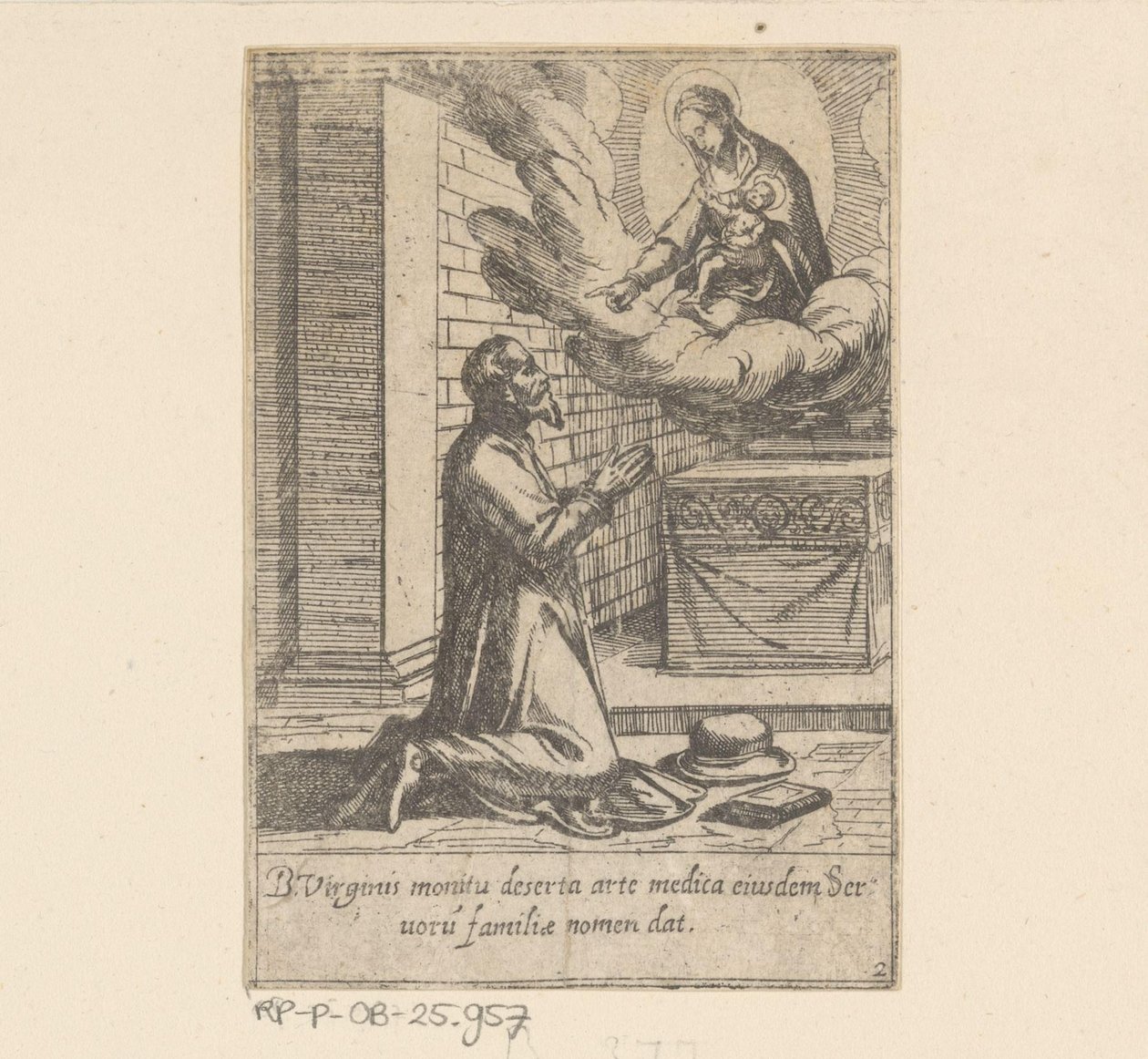 De heilige Philippus plaast zich onder de hoede van Maagd Maria Het Leven van Philippus Benitius (serietitel) B. Philippi Benicius Florens liv. ord. Tjener for B. Mary the Virgin (serietitel) af Antonio Tempesta