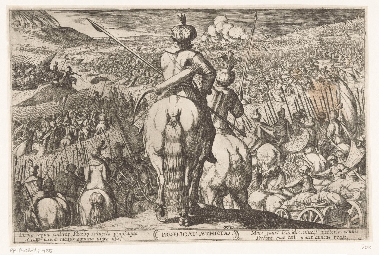 Etiopiernes nederlag Profligat Aethiopas (titel på objekt) Det Gamle Testamentes kampscener (serietitel) af Antonio Tempesta