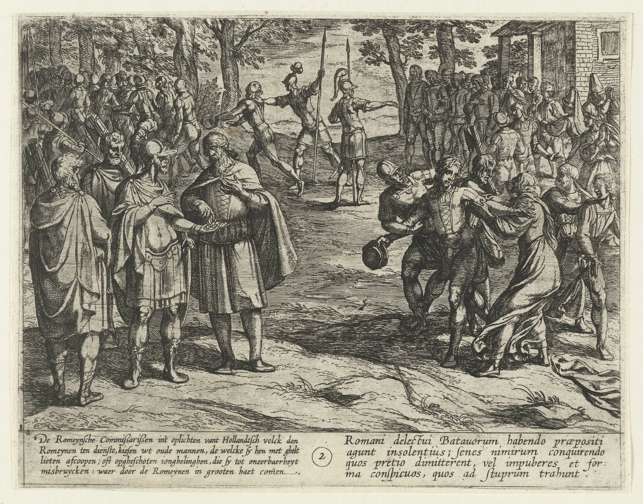 De gamle bataviske mænd afkøber deres tjeneste for romerne, 69-70 The Batavian Revolt (serietitel) Batavorum cum Romanis Bellum, à majs. Tacito / The Batavian Oft Oude Hollandtsche Krijghe teghen de Romeynen (serietitel på objekt) af Antonio Tempesta