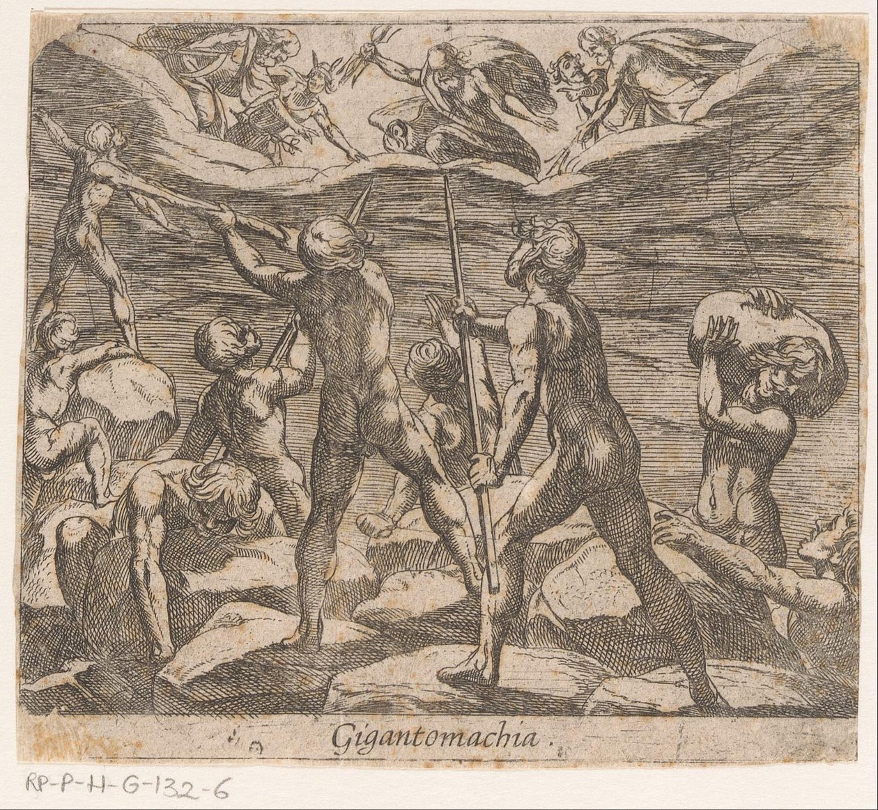 Kæmperne forsøger at angribe Olympus Gigantomachia (titel på objekt) Metamorphoseon sive transformationum (serietitel) Metamorphoses of Ovid (serietitel) af Antonio Tempesta