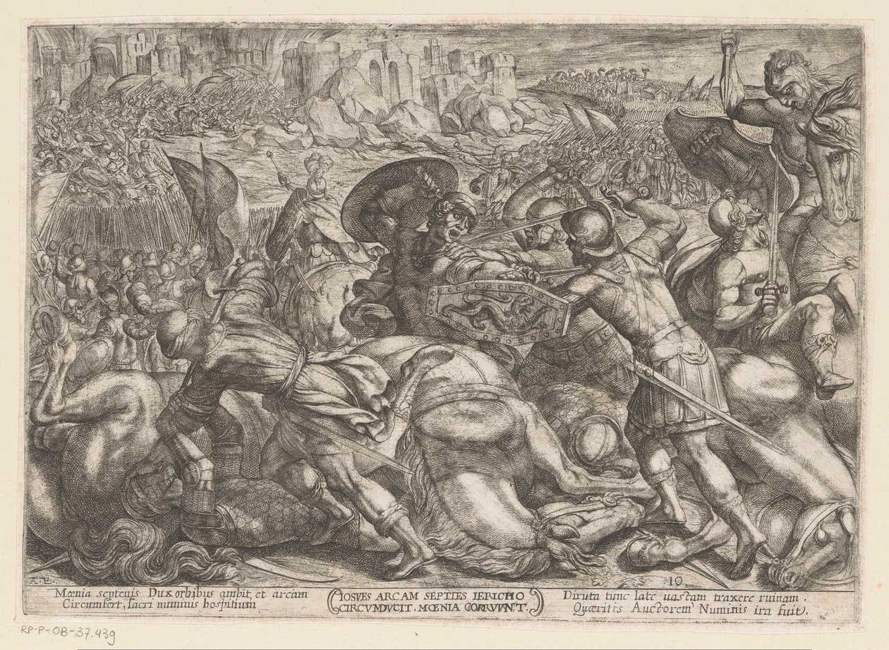 Jerikos fald Iosues ercam septies Iericho circumducit moenia corruunt (titel på objekt) Det Gamle Testamentes kampscener (serietitel) af Antonio Tempesta