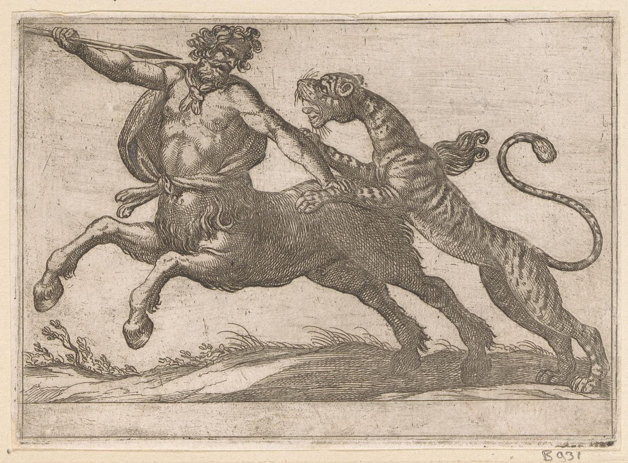En tiger, der kæmper mod en kentaur Kampdyr (serietitel) af Antonio Tempesta