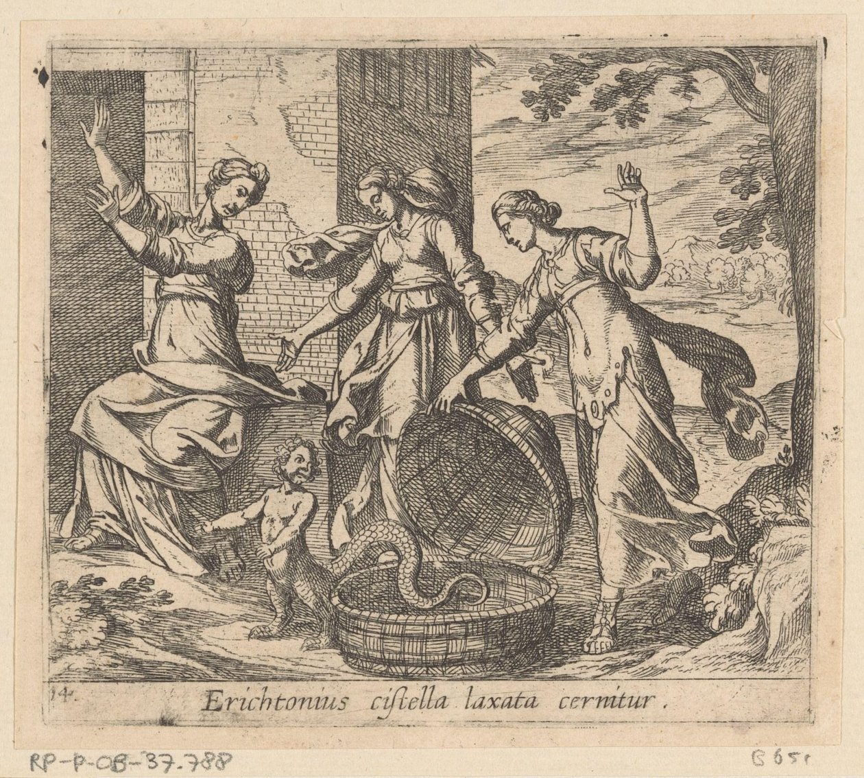 Erichthonius uit zijn mand gelaten Erichthonius ses med en løs kurv (titel på objekt) Metamorfoseon eller transformationer (serietitel) Metamorfosen van Ovidius (serietitel) af Antonio Tempesta