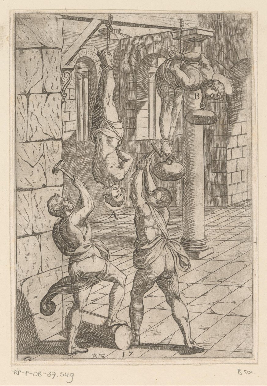 Tortur med hammere, mens de hænger Tortur udsat af kristne martyrer (serietitel) Varia tormentorum et supplicioru crudelium (...) (serietitel) af Antonio Tempesta