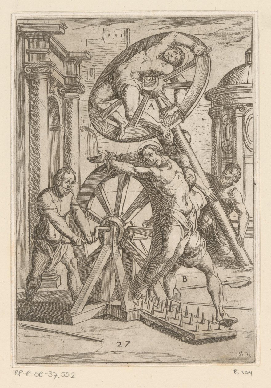 Tortur med skarpe spidser og hjul Tortur udsat af kristne martyrer (serietitel) Varia tormentorum et supplicioru crudelium (...) (serietitel) af Antonio Tempesta