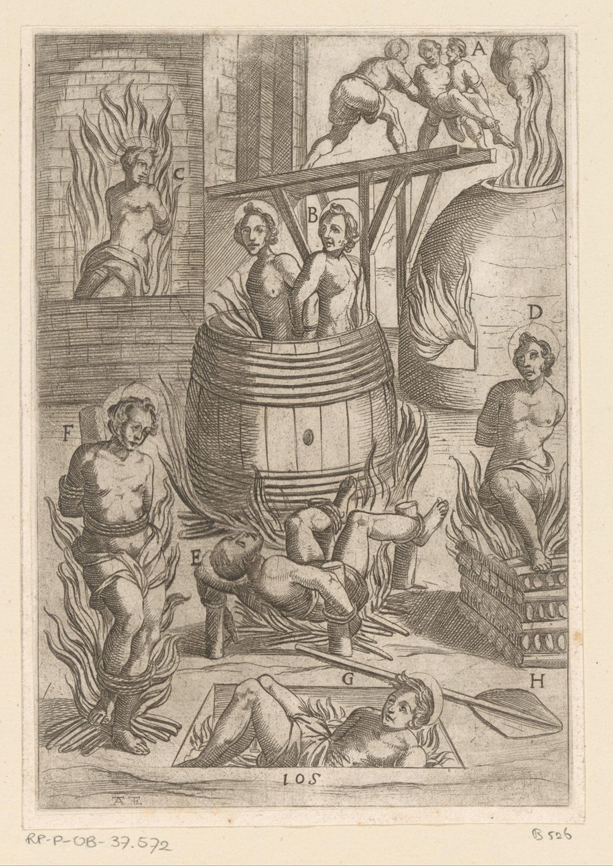 Tortur med forskellige måder at brænde på Tortur udsat af kristne martyrer (serietitel) Varia tormentorum et supplicioru crudelium (...) (serietitel) af Antonio Tempesta