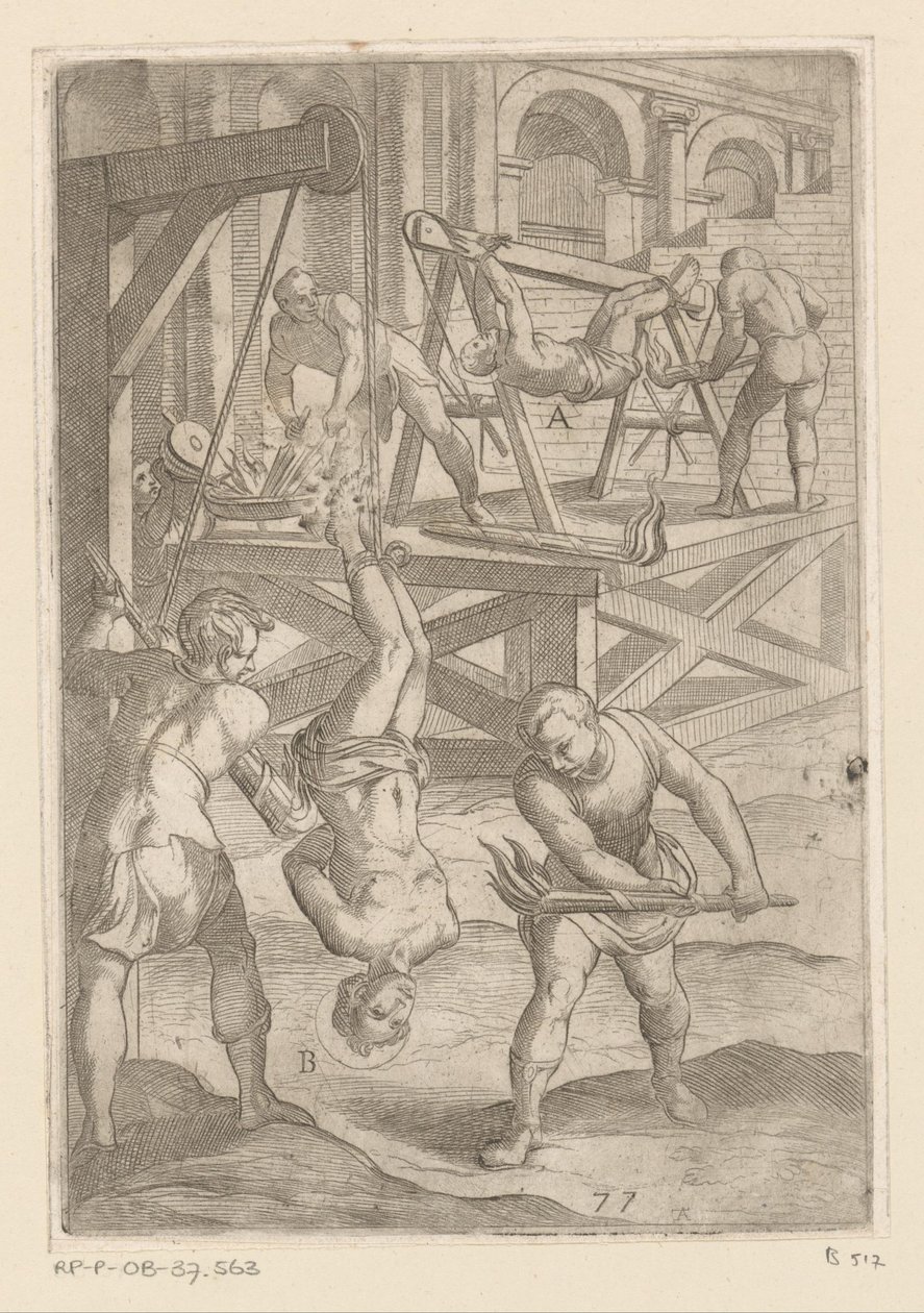 Tortur: Hængende og brændende Tortur udsat af kristne martyrer (serietitel) Varia tormentorum et supplicioru crudelium (...) (serietitel) af Antonio Tempesta
