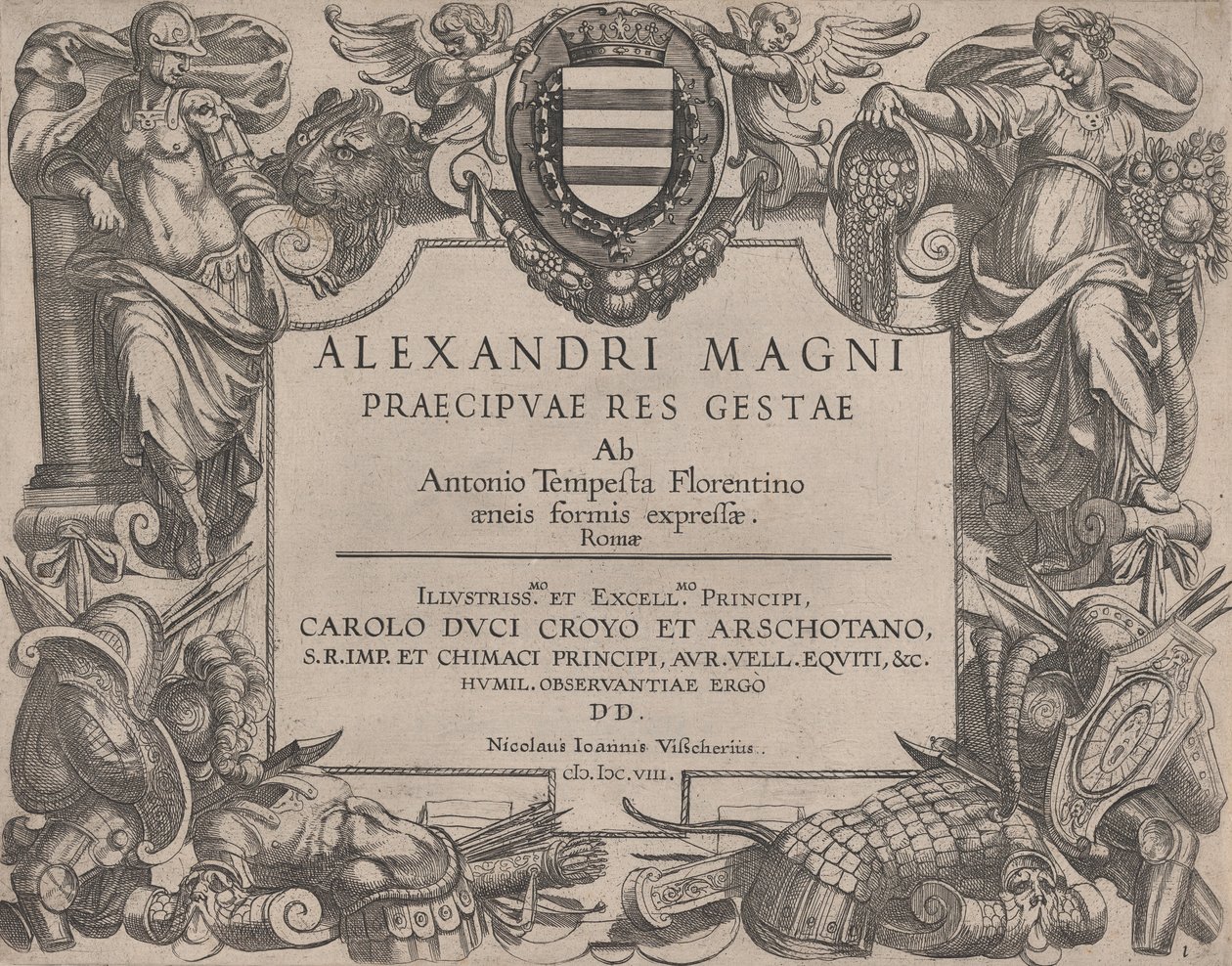 Frontispice til Alexander den Stores liv, til venstre er Bellona og til højre en kvinde ..., 1608. af Antonio Tempesta