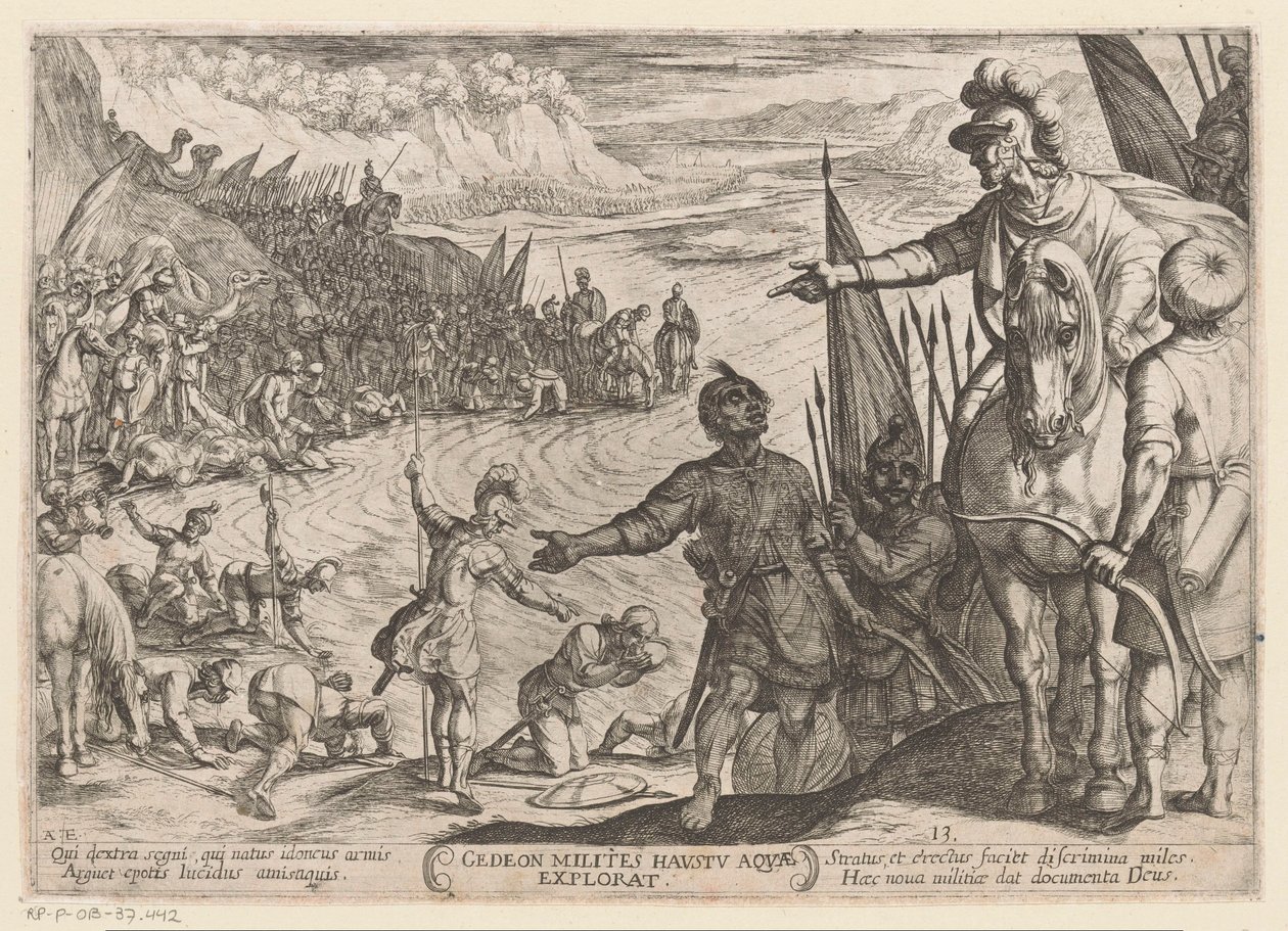 Gideon vælger sine soldater Gedeon milites haustu aquae explorat (titel på objekt) Det Gamle Testamentes kampscener (serietitel) af Antonio Tempesta