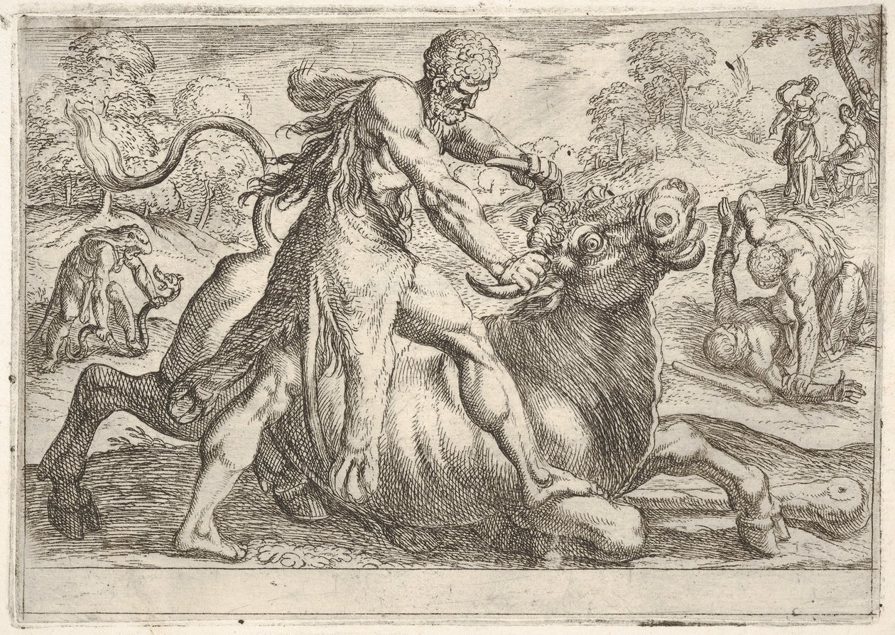 Hercules og Achelous: i midten tager Hercules fat i hornene på en tyr, mens han trykker på hans ri..., 1608. af Antonio Tempesta