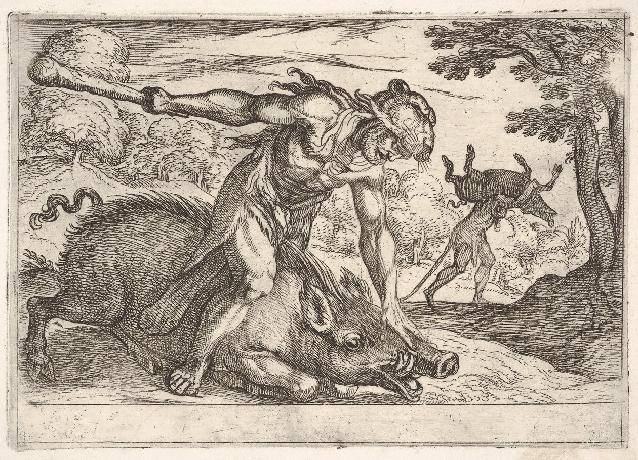 Hercules and the Boar of Erymanthus: Hercules holder ornens tryne nede med sin venstre ha..., 1608. af Antonio Tempesta