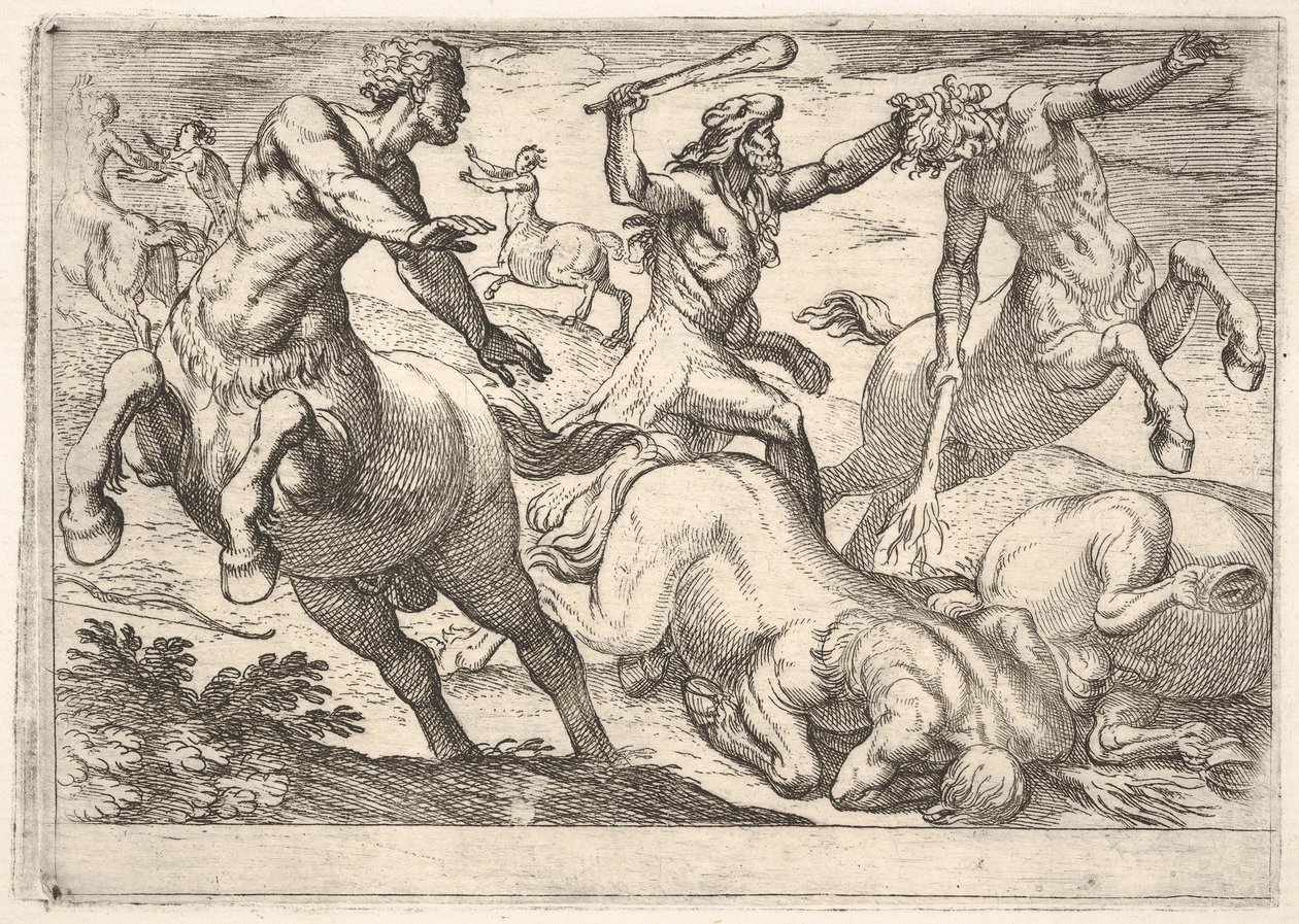 Hercules and the Centaurs: Hercules holder hovedet af en kentaur med sin venstre hånd og rai..., 1608. af Antonio Tempesta