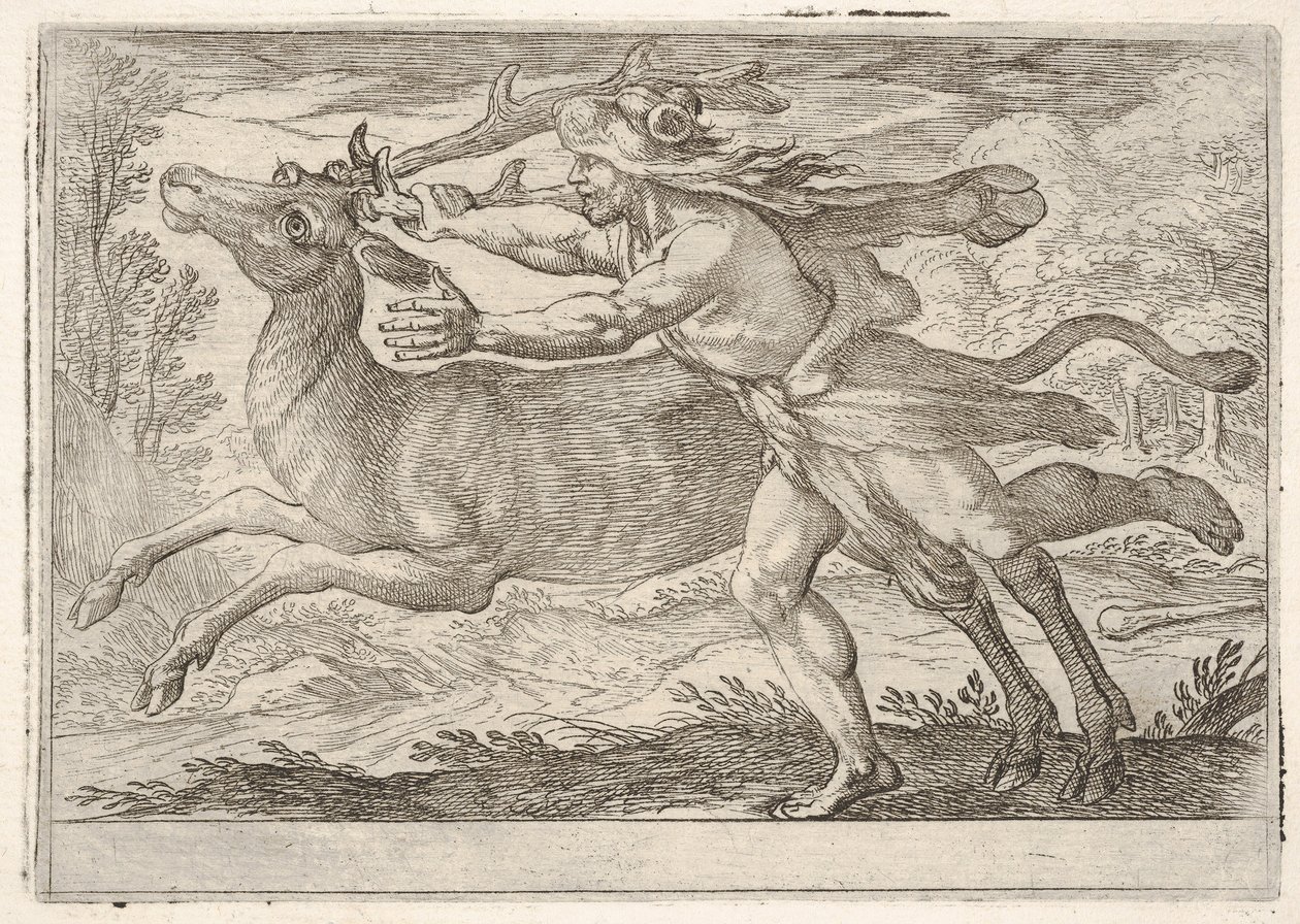 Hercules and the Hind of Mount Cerynea: Hercules skrider langs med bagdelen og griber..., 1608. af Antonio Tempesta